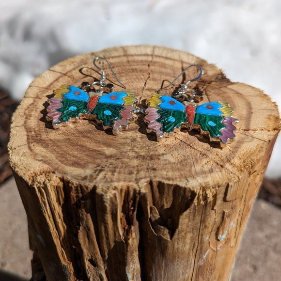 Native American Jewelry Butterfly Earrings‎ Multi Stones Inlay Zuni Handmade*** - Picture 8 of 9
